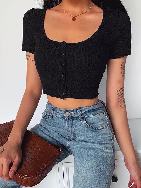 Color Simple Square Neck Top T-shirt