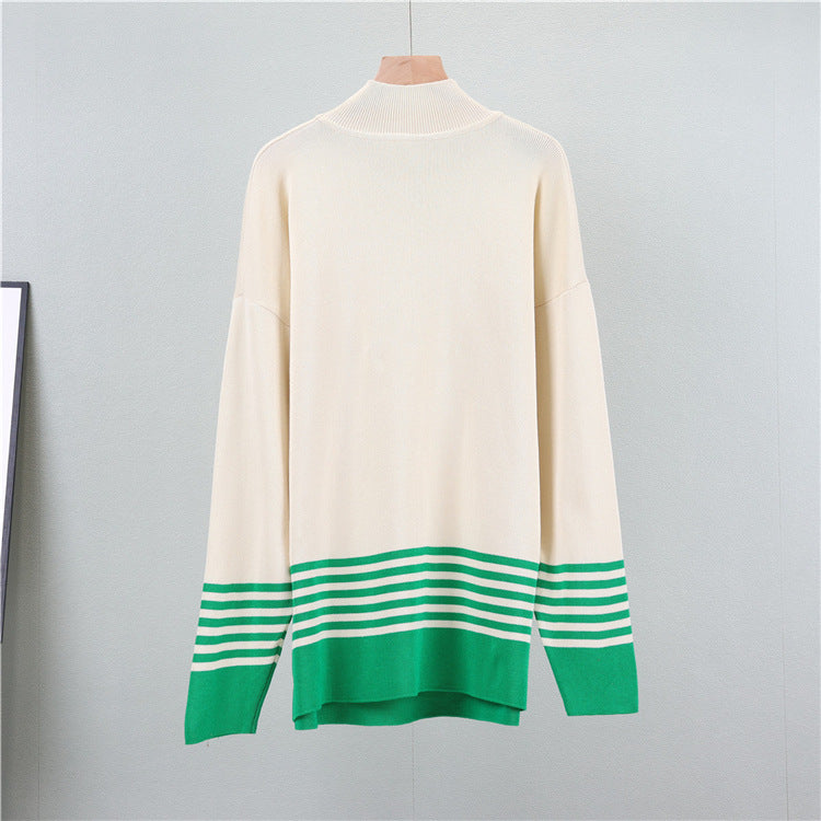 Green - Striped Half-turtleneck Sweater Two Piece Set