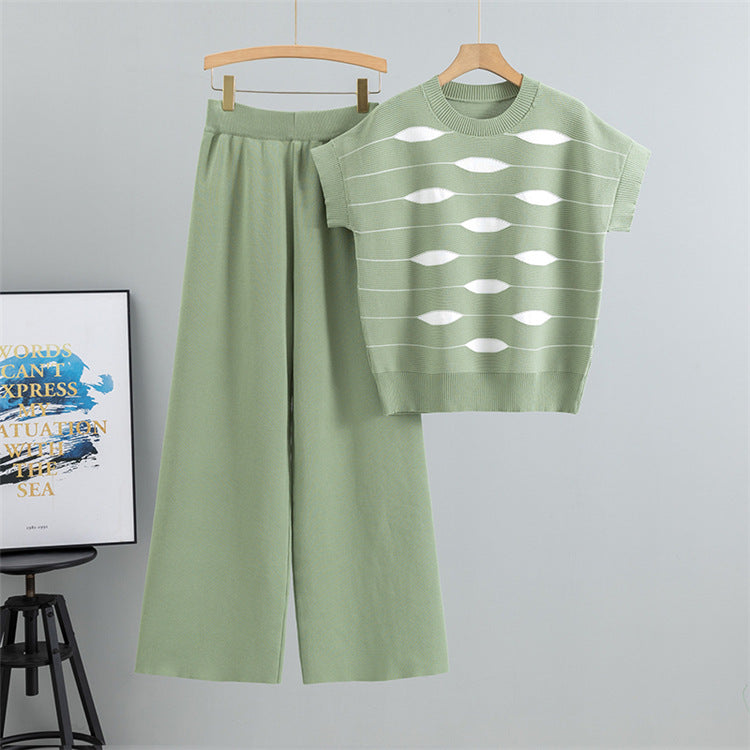Green – Striped Short-sleeve Two Piece Set