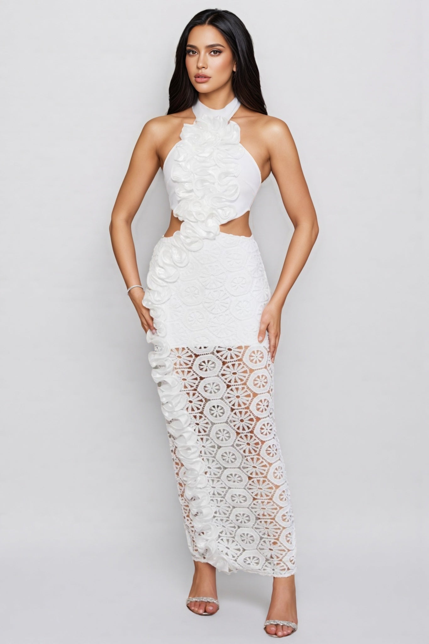 Vedilk 3d Lace Openwork Ruffled Maxi Dress