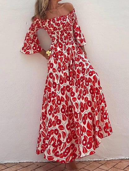 ' Vacation Flower Street Printed Off Shoulder Waist Pocket Long Dress
