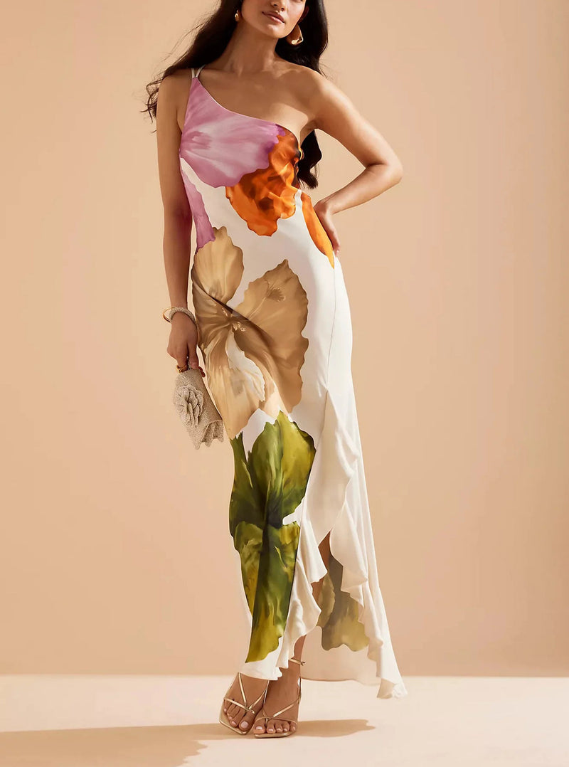 ' Design Flower Printed Single Shoulder Side Ruffle Long Dress