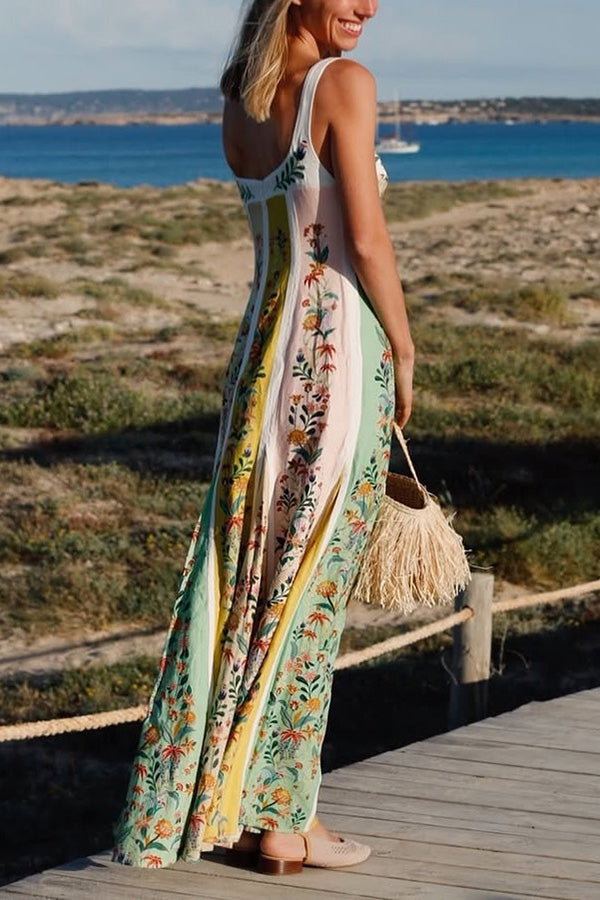 Sweet Garden Linen Blend Color Block Paneled Maxi Dress