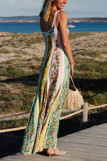 Sweet Garden Linen Blend Color Block Paneled Maxi Dress