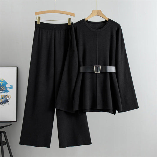 Black - Knitted Wide-leg Pants & Sweater Two Piece Set