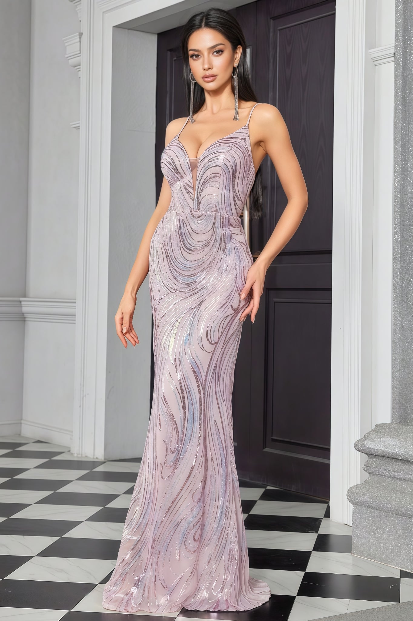 Vioky Pink Sequin Striped Maxi Dress