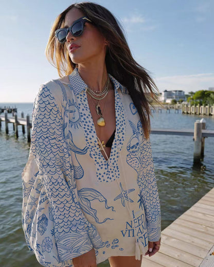 ' Wealthy Satin Unique Printed Tassel Shirt and Elastic Waist Shorts Set