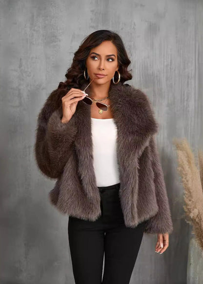 Amara Faux Fur Jacket – Soft Brown Short Coat With Wide Collar