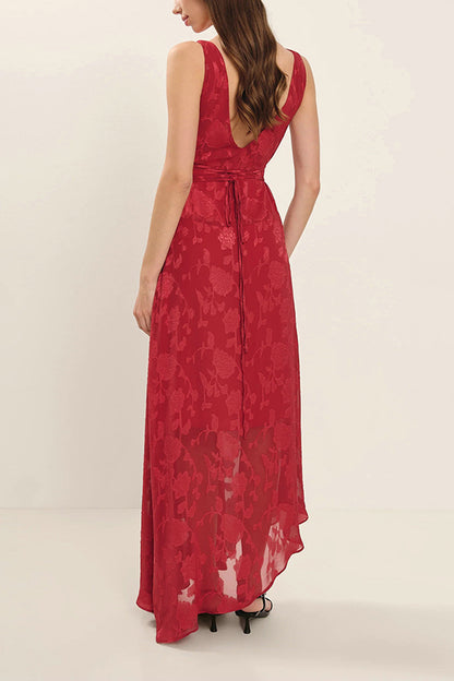 Jacquard Backless Lace-up Slim Irregular Maxi Dress