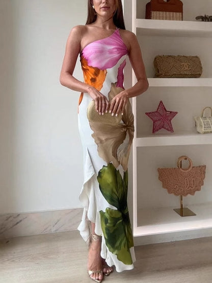 ' Design Flower Printed Single Shoulder Side Ruffle Long Dress