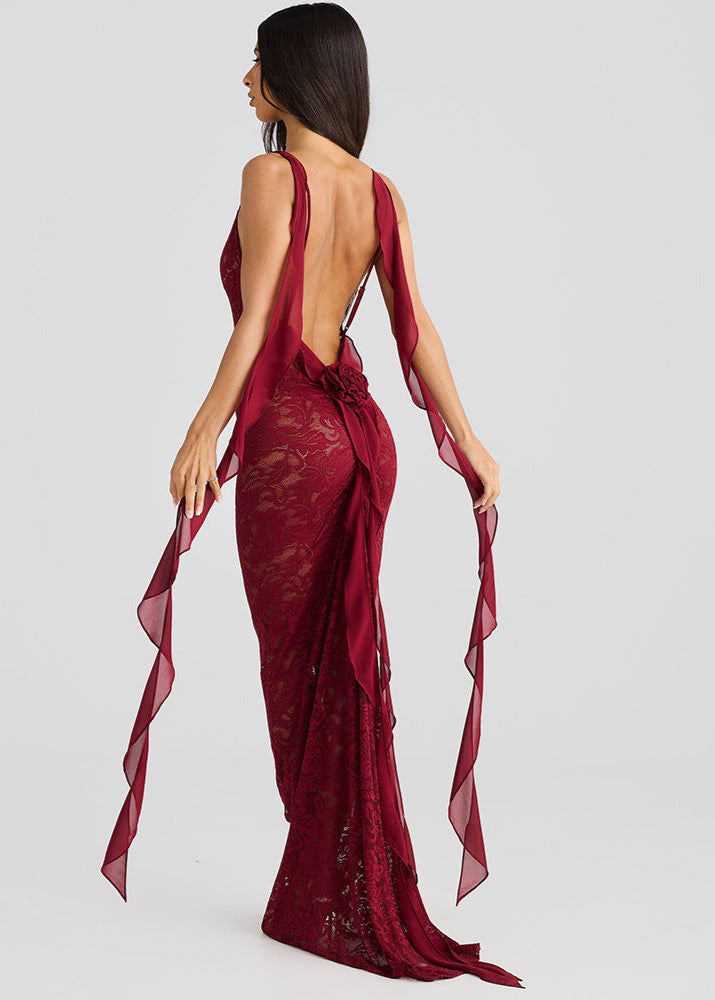 Scarlet - Lace Backless Maxi Dress With Chiffon Ties