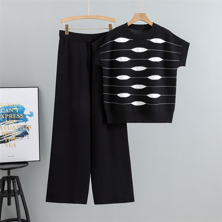 Black – Striped Short-sleeve Two Piece Set