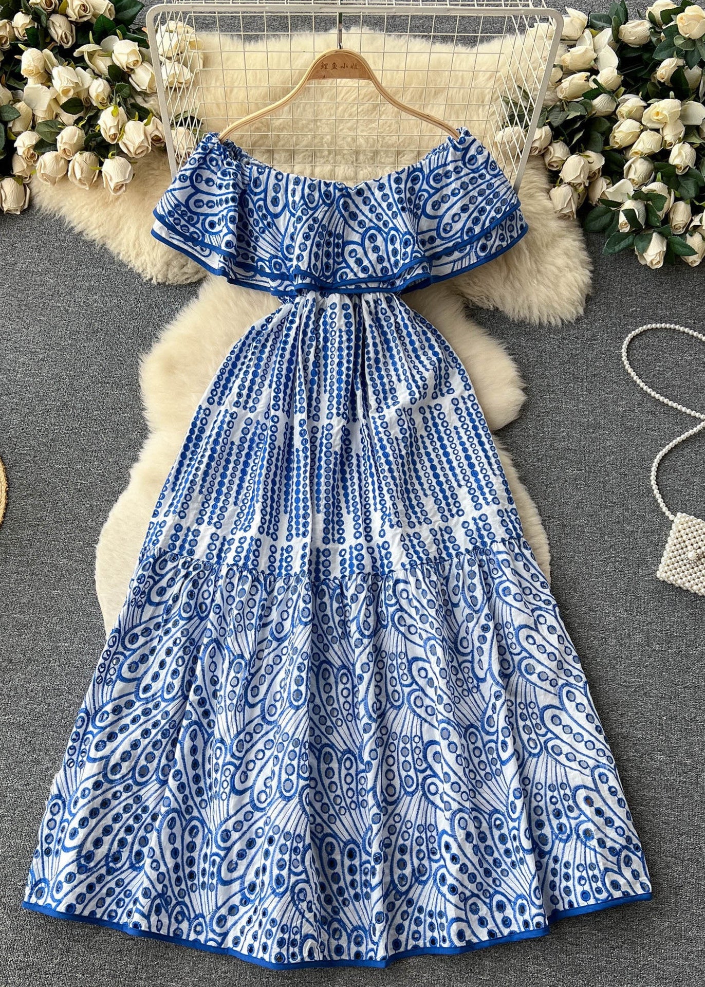 Marina Ruffle Off-shoulder Dress – Blue Embroidered Maxi