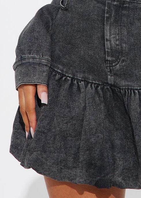 Rebel Denim Mini Dress – Fitted Button-up With Ruffled Hem