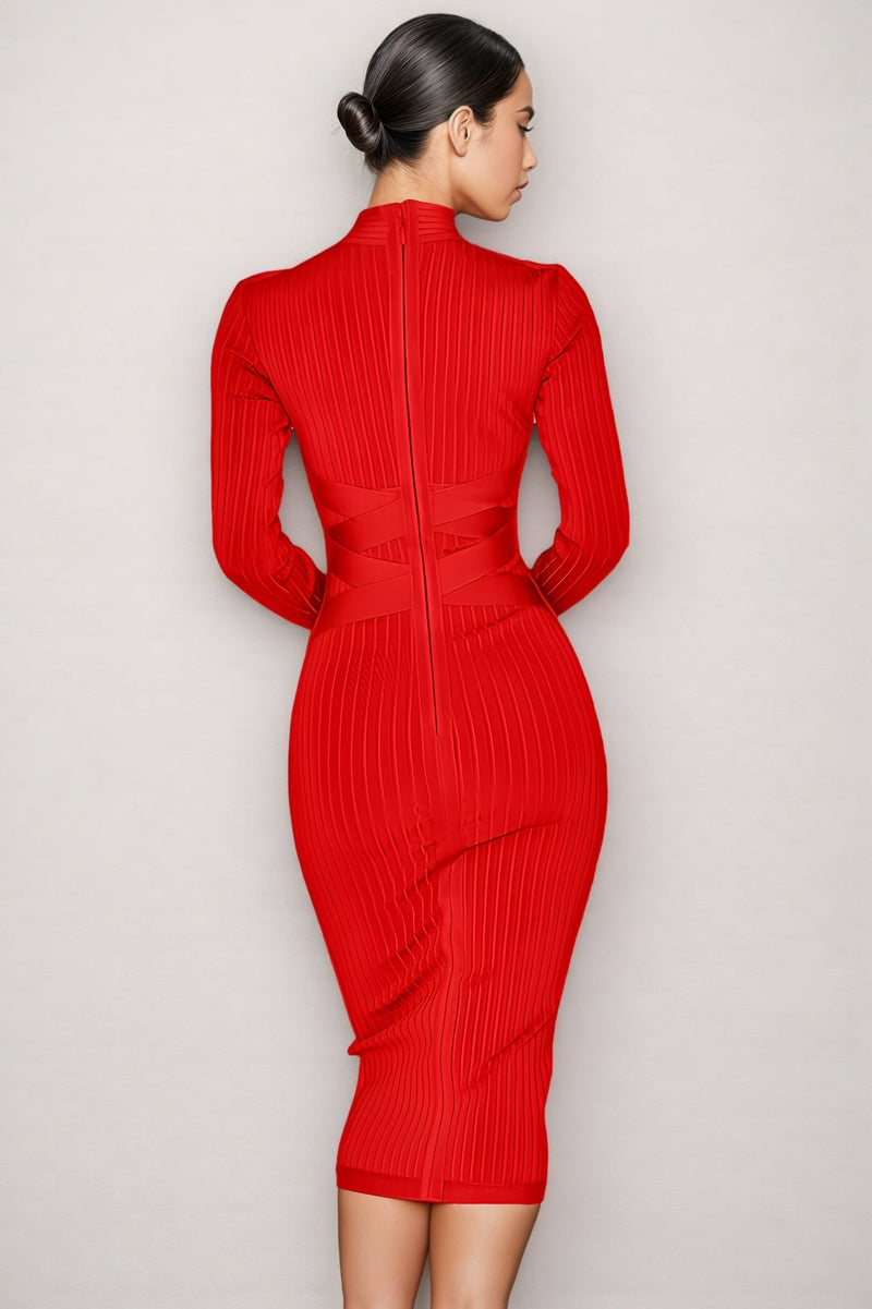 Layra Colour Stand Collar Midi Dress-red