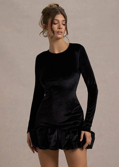 Velvet Ruffle Hem Long Sleeve Mini Dress