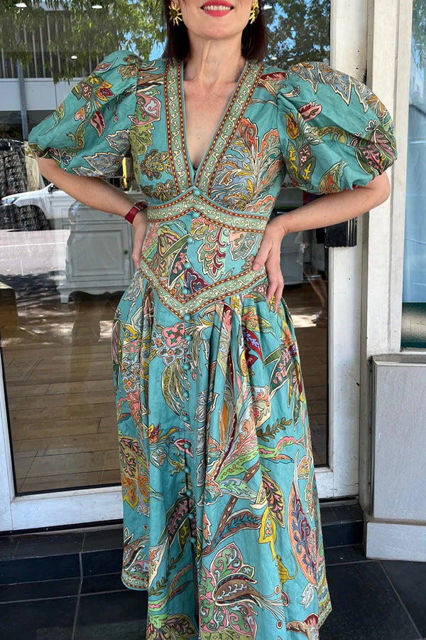 Vacation Linen Blend Unique Print Button Puff Sleeve Pocket Maxi Dress