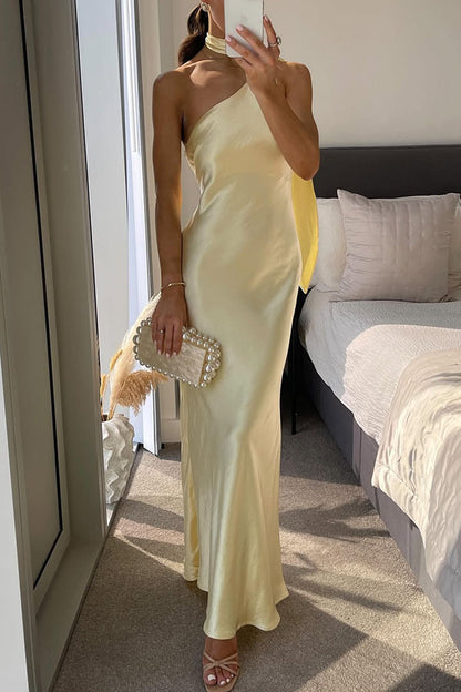 Milk White Party Dress Satin One Shoulder Scarf Long Skirt