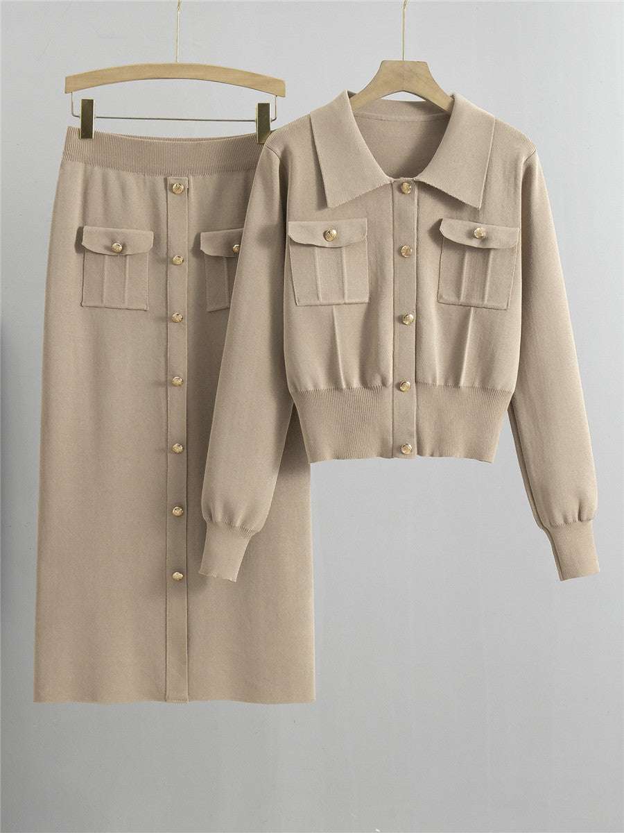 Knitted Slim-fit Two Piece Set - Khaki