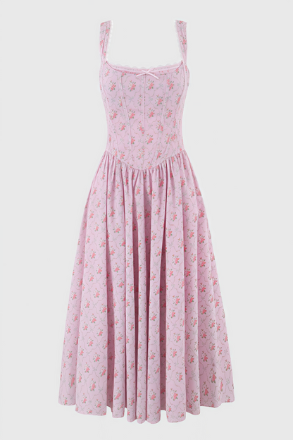 Arwent Pink Rose Print Stretch Cotton Midi Dress