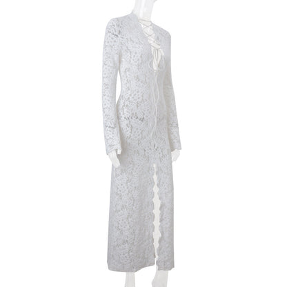 Garcelle Lace Lace-up Long Bell Sleeve Slit Midi Dress