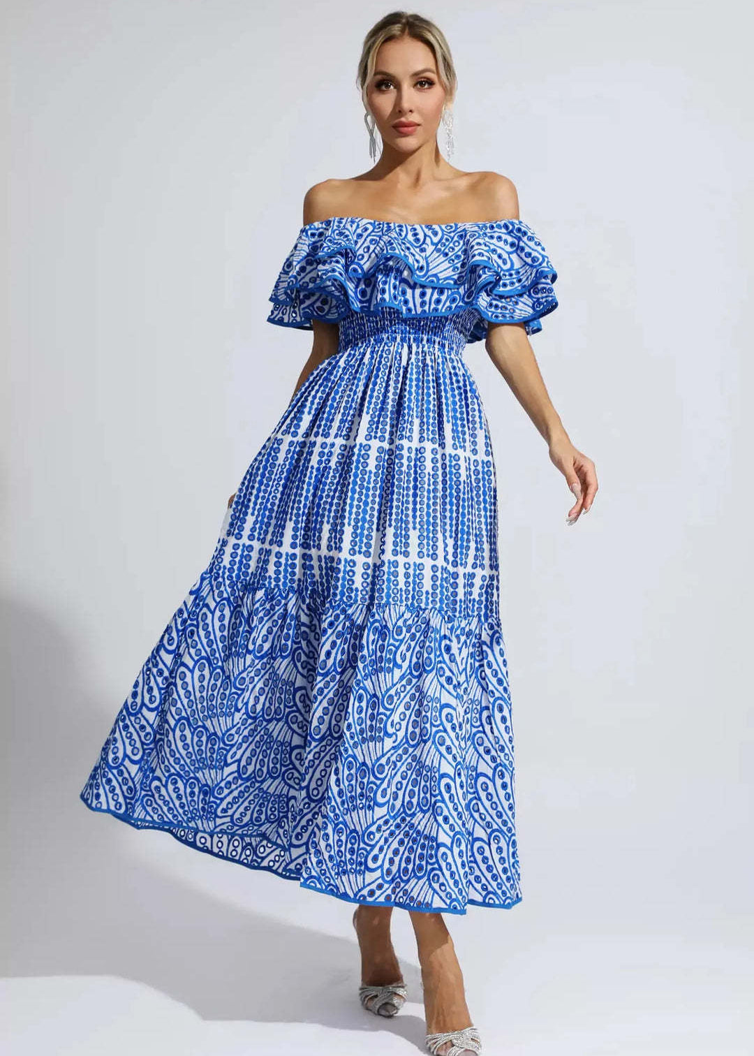 Marina Ruffle Off-shoulder Dress – Blue Embroidered Maxi