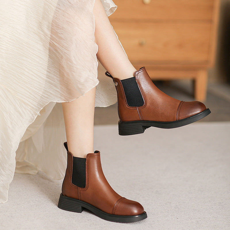 British Style Flat Cowhide Ankle Boots