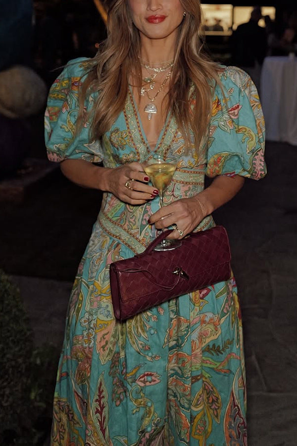 Vacation Linen Blend Unique Print Button Puff Sleeve Pocket Maxi Dress