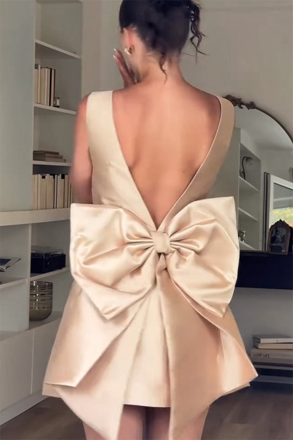 Mini Waist Cinching Satin Oversized Bow Detail Square Neck Mini Dress