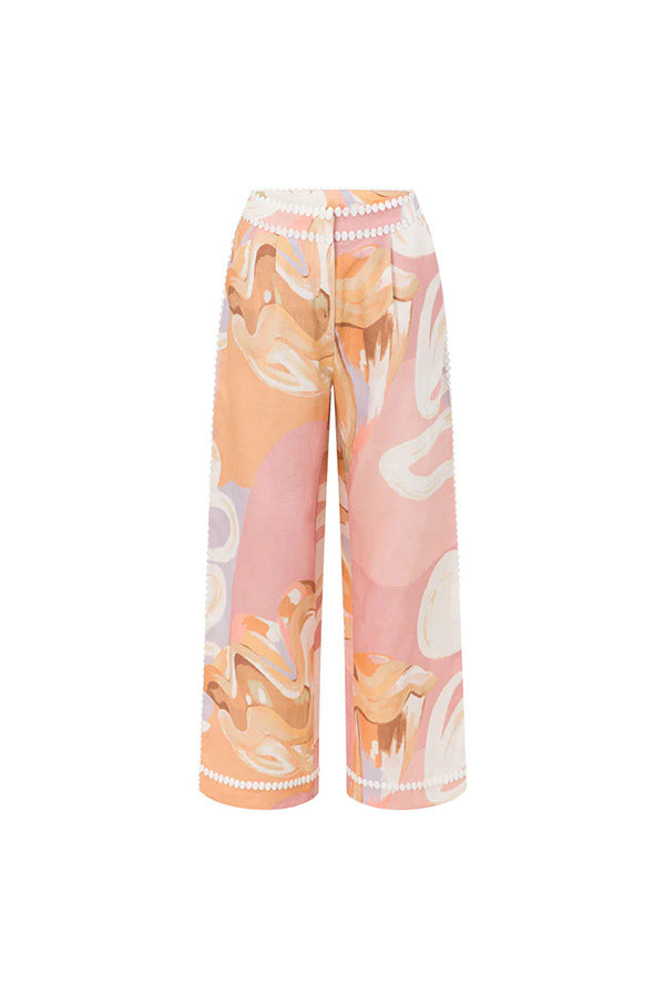 European Summer Linen Blend Ric Rac Trims High Rise Pocket Loose Pants