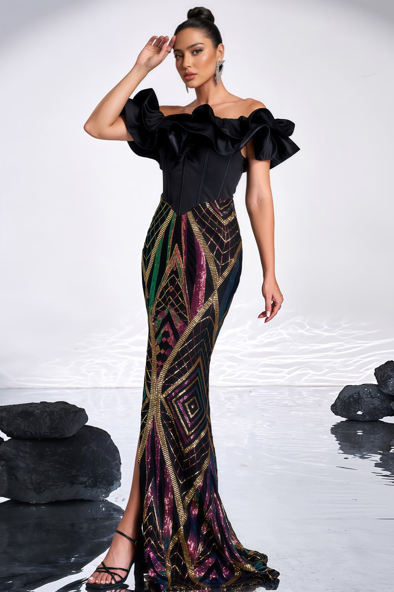 Rebekah Black Sequined Slit Maxi Dress