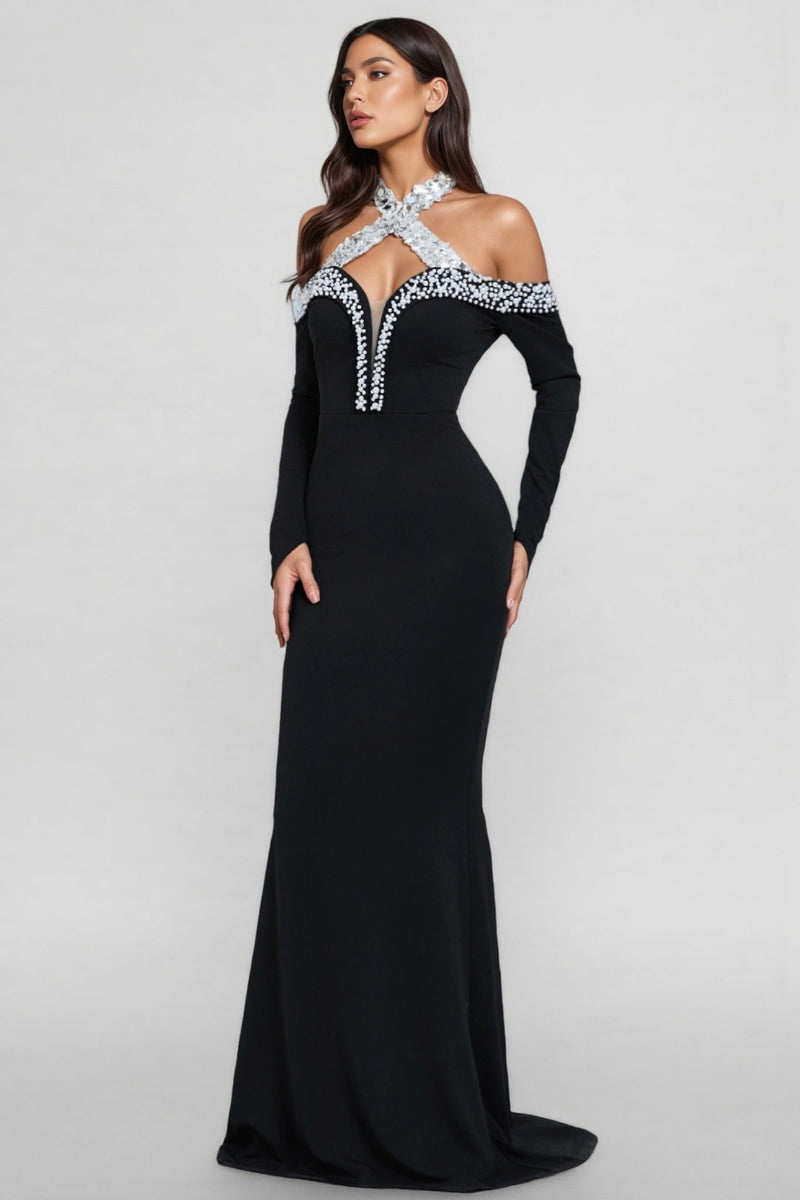 Hyxra Diamond Studded Fishtail Maxi Dress