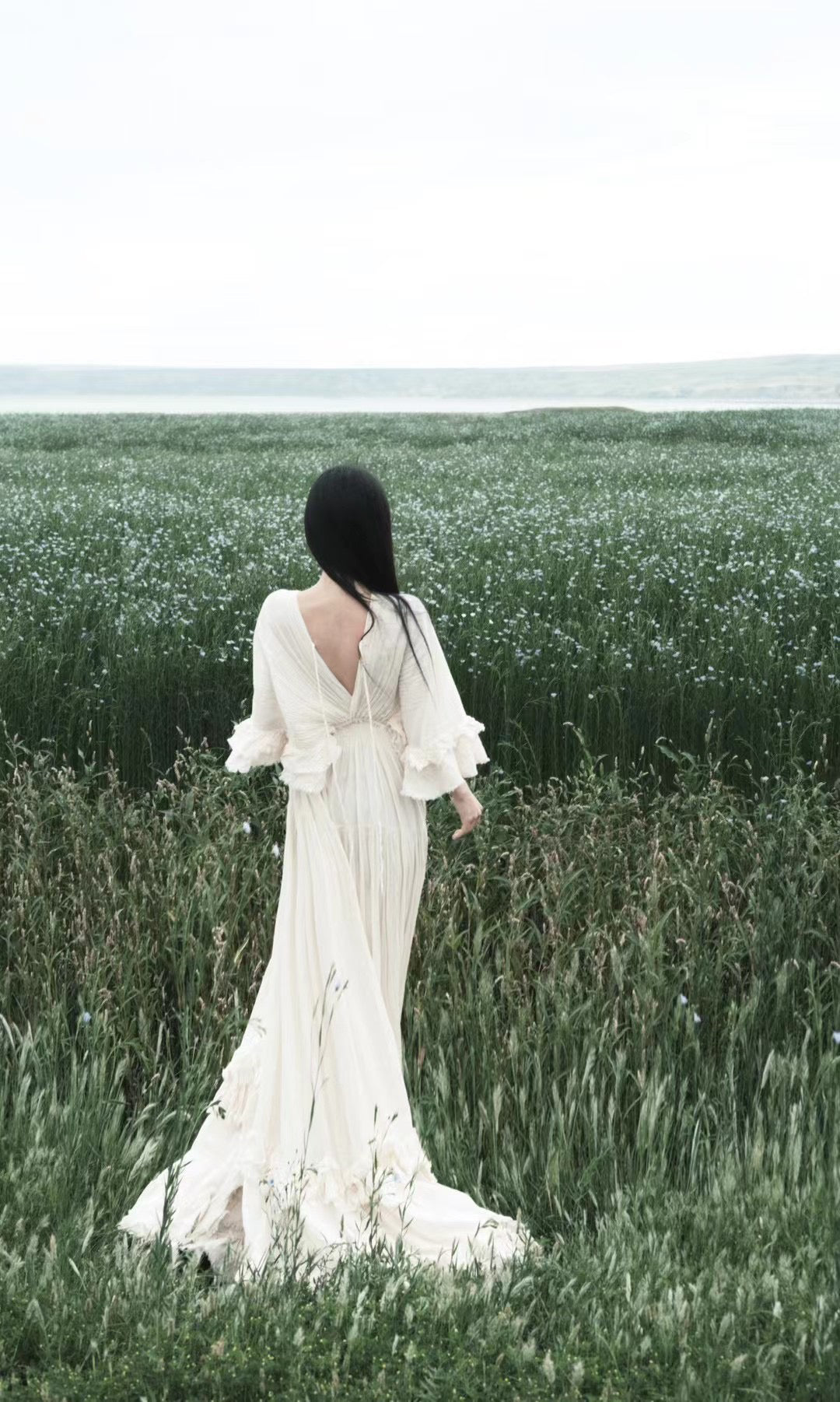 Tailande Linen Maxi Dress _ V-neck Ruffle Goddess Gown With 10-meter Full Hem