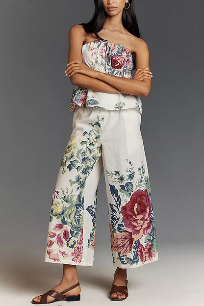 In to the Summer Linen Blend Print Elastic Bandeau and Elastic Waist Pocket Loose Pants Set