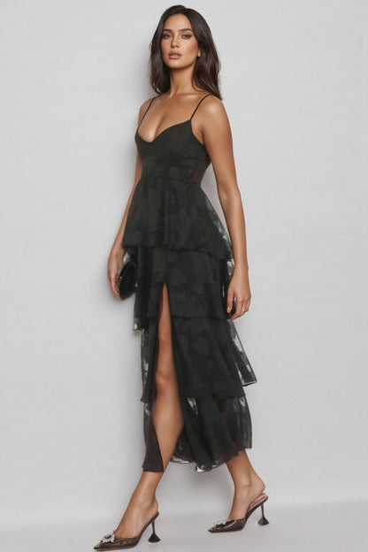 Thomle Black Ruffle A-line Maxi Dress
