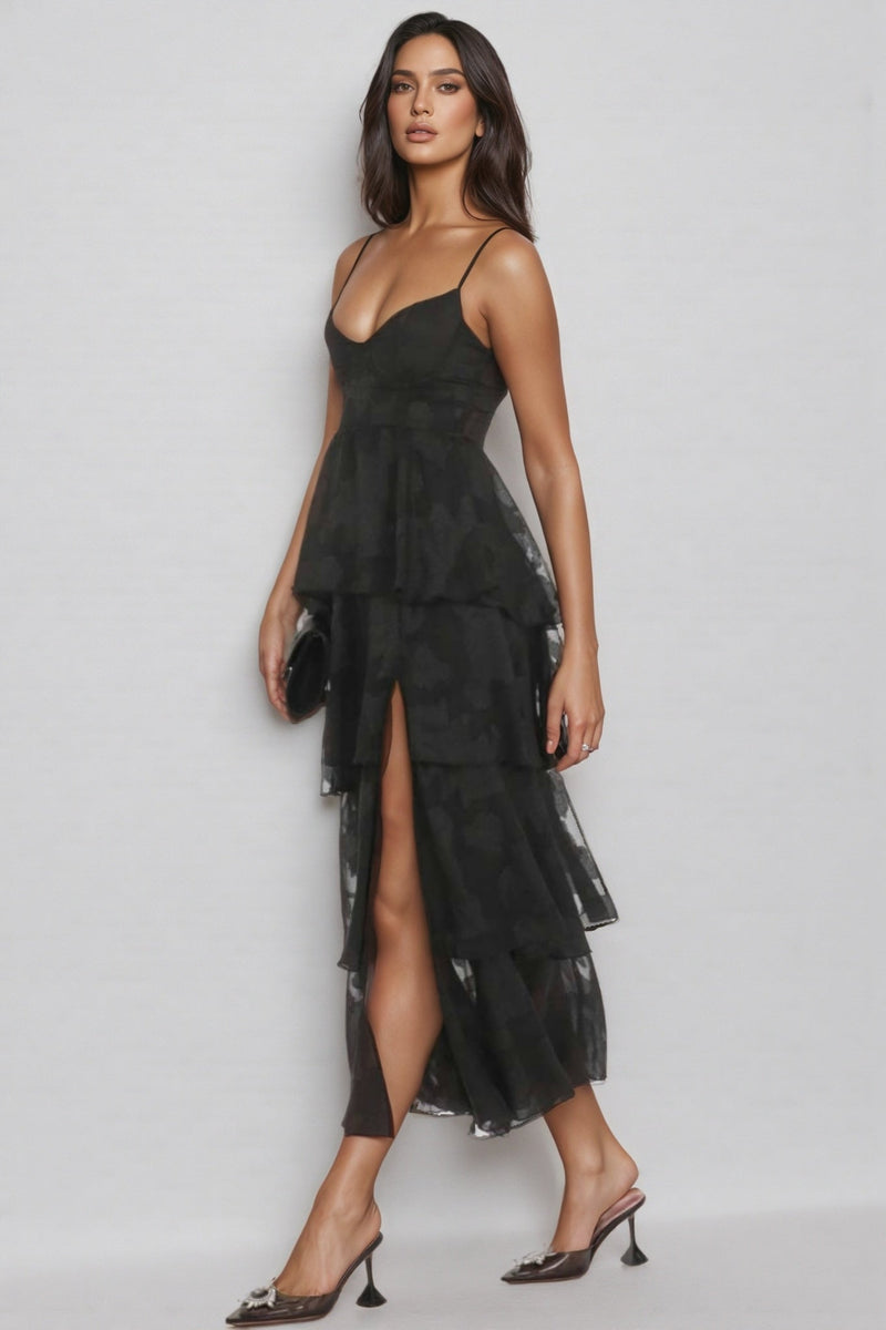 Thomle Black Ruffle A-line Maxi Dress