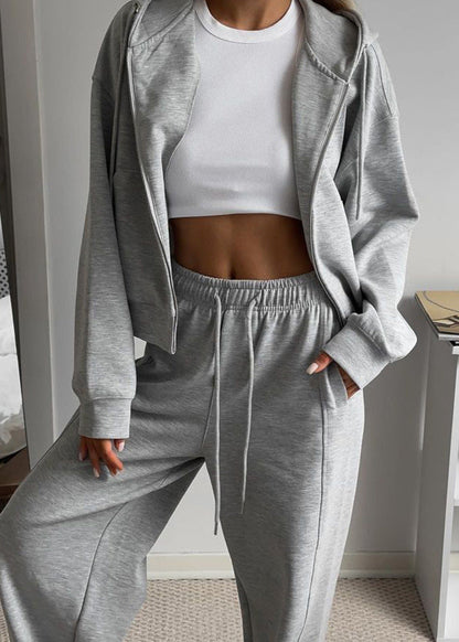 Charcoal Zip-up Hoodie and Wide-leg Pants Set – Cozy Two-piece Loungewear