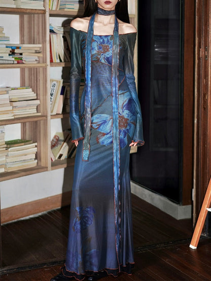 Off Shoulder Flower Printed Mesh Slim Maxi Dress