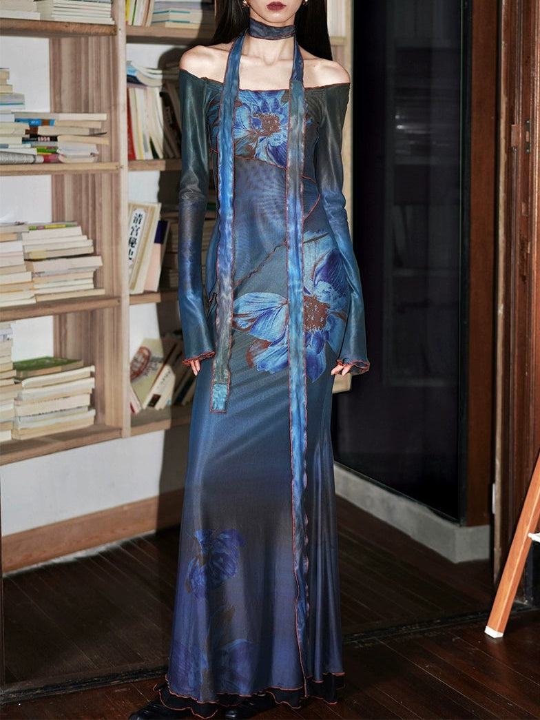 Off Shoulder Flower Printed Mesh Slim Maxi Dress
