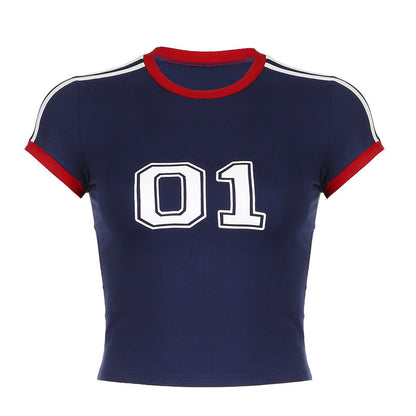 American Street Style Digital Print Contrast Color Short-sleeved T-shirt for