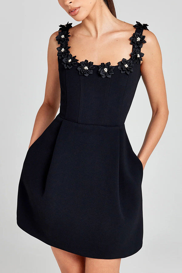Party Outfit, Pearl Flower Decal, Square Strapless, Collar, Pocket, Mini Dress