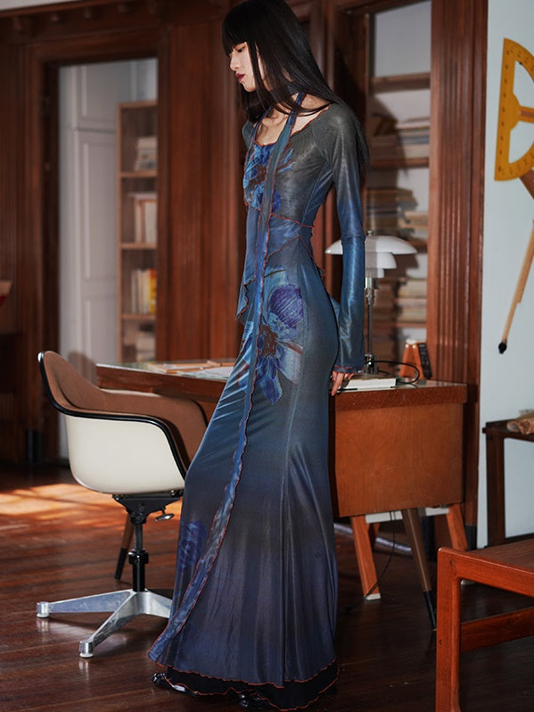 Off Shoulder Flower Printed Mesh Slim Maxi Dress