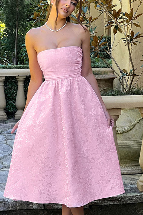 Jacquard Fabric Strapless Open Back Slim Midi Dress