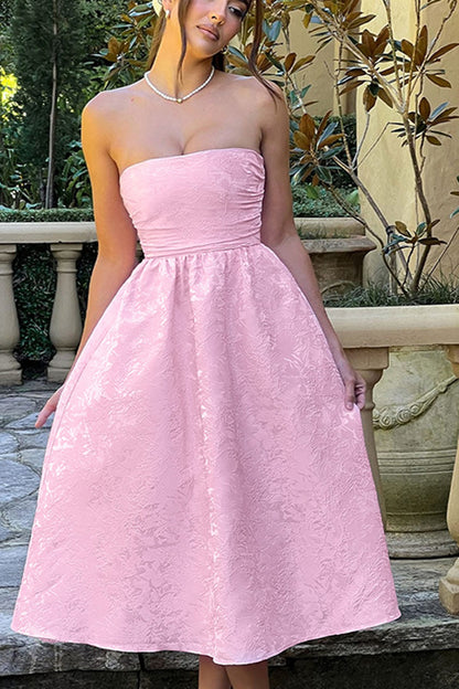 Jacquard Fabric Strapless Open Back Slim Midi Dress