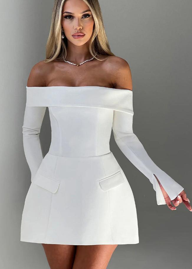 Off-shoulder Mini Flare Dress With Long Sleeves