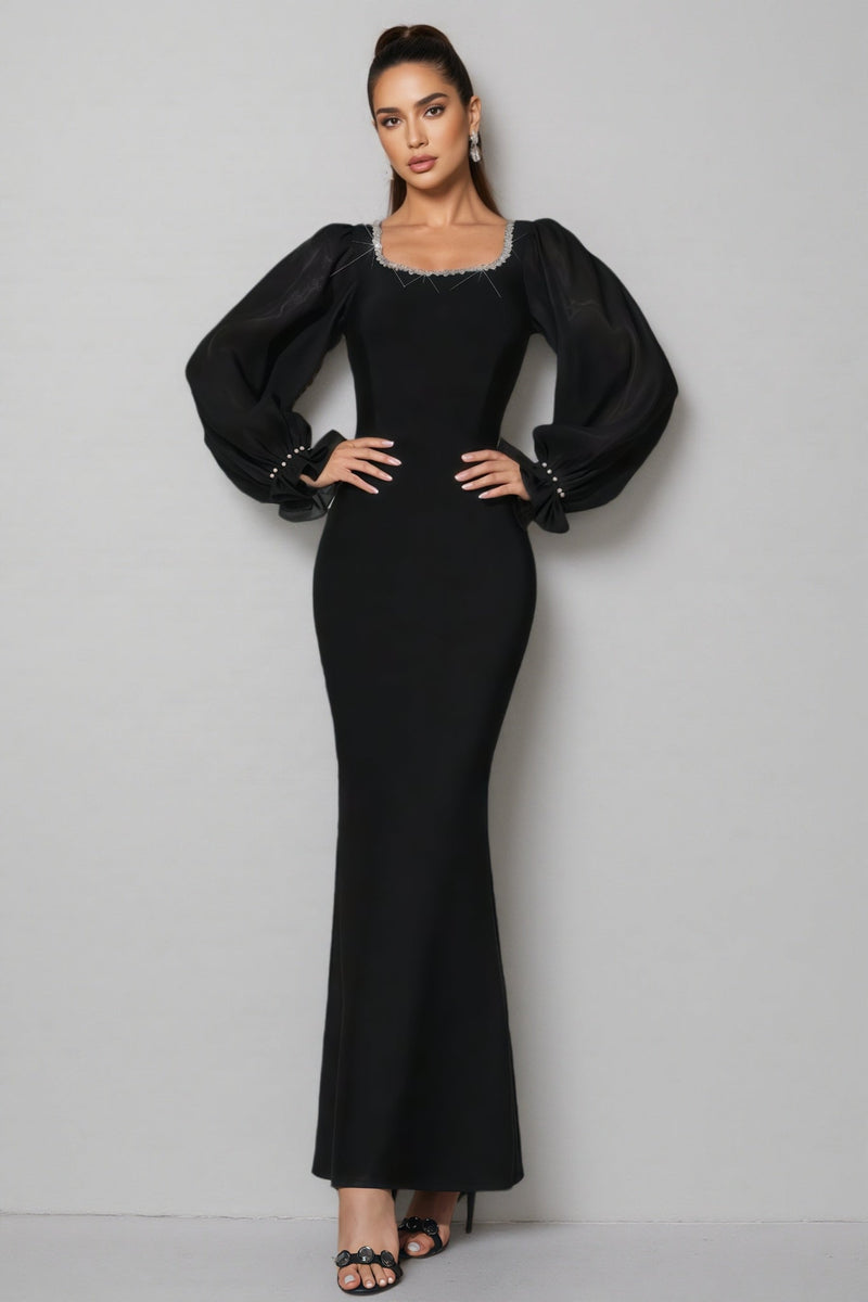 Thariy Black Square Neck Rhinestone Maxi Dress