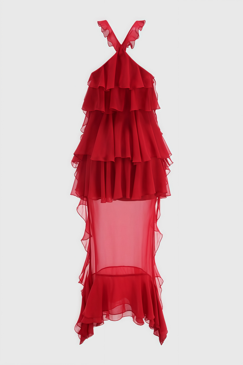 Roalk Red Ruffled 3d Flower Maxi Dress
