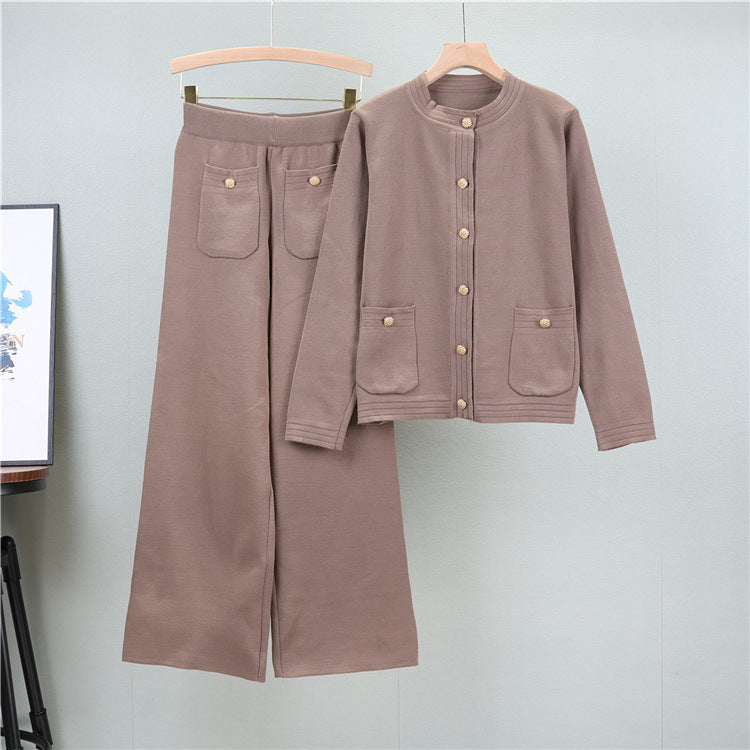Khaki – Cardigan Top & Wide-leg Pants Two Piece Set