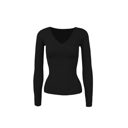 Low V-neck Slim-fit Long Sleeve Sweater