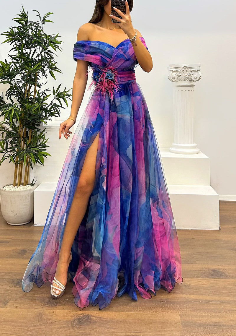 Fairy Flower Feather Pendant Fallen Fold Off Shoulder Party Split Design Long Dress